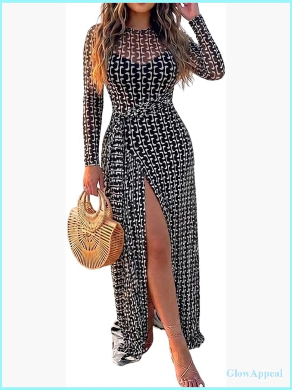 2 Piece Maxi Dress Set Long Sleeve Sheer Mesh V Neck Slip Tie Waist Slit